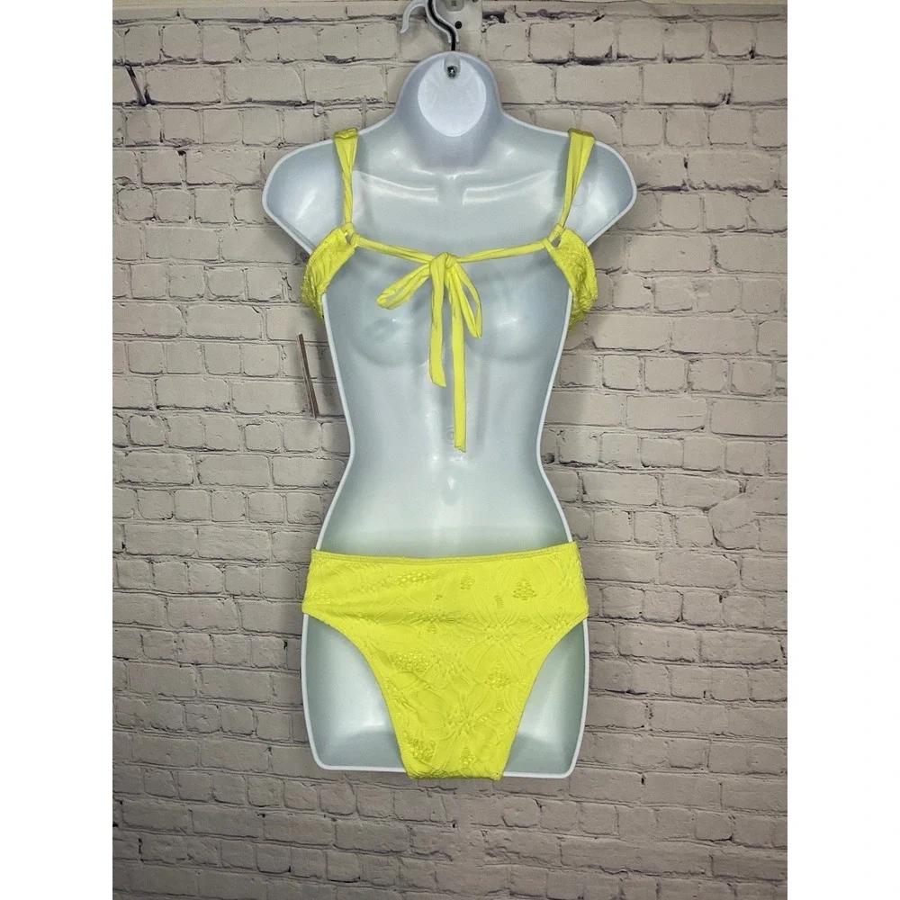 Hurley Crochet Soft Strap Bikini Set Yellow Cheeky Coverage Swimsuit size XS - Picture 3 of 4